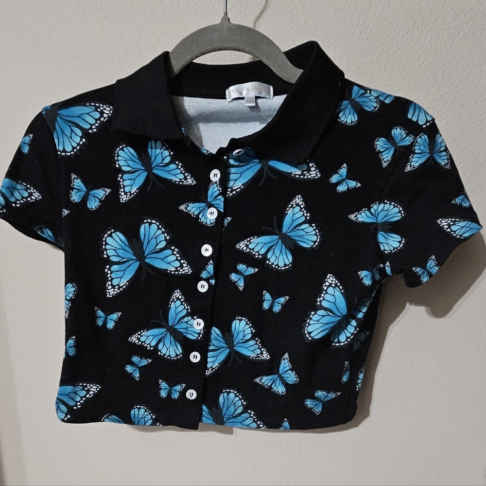 Kids Butterfly Button Down Shirt - Black and Blue